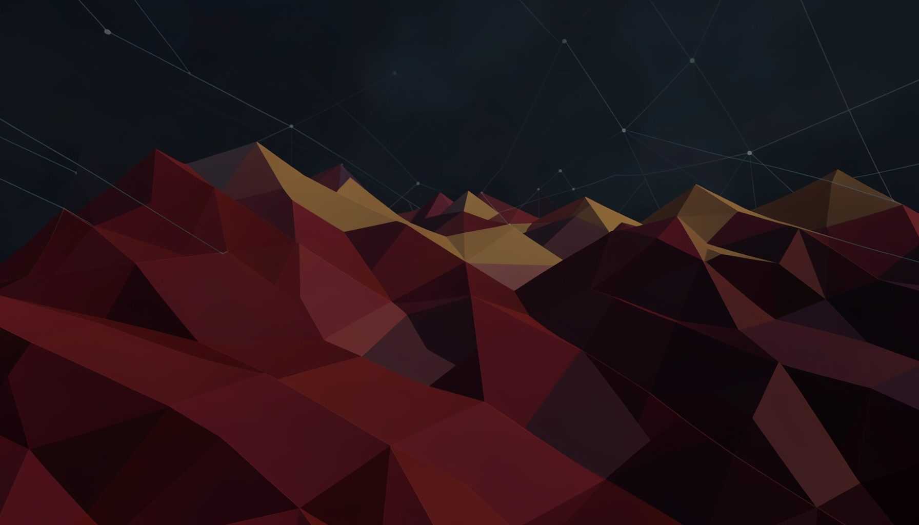 Abstract low-poly geometric landscape with faceted triangular planes in deep maroon, warm amber, and muted slate tones